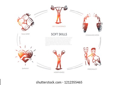 Soft skills, self-confidence, personality, assertiveness, team spirit vector set - Shutterstock ID 1212355465