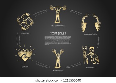 Soft skills, self-confidence, personality, assertiveness, team spirit vector set