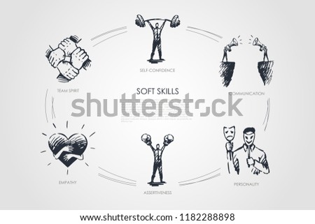 Soft skills, self-confidence, personality, assertiveness, team spirit vector set