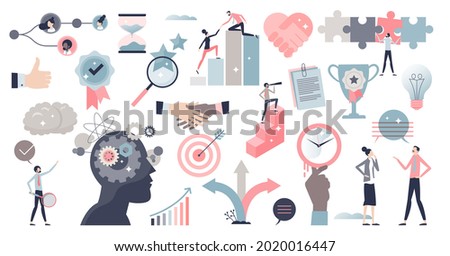 Soft skills set with ability or competence for career outline collection. Items with leader characteristics and abilities vector illustration. Creativity and adaptability as professional advantages.