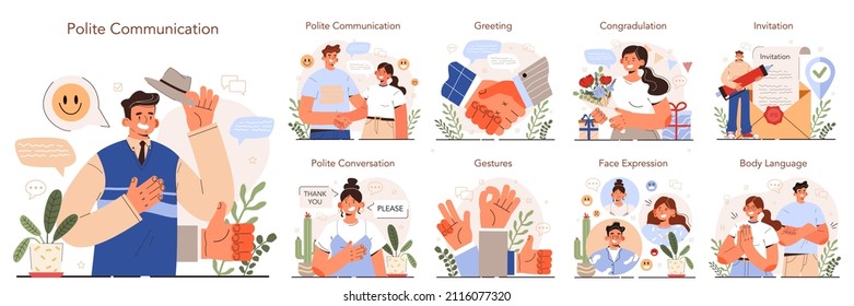 Soft skills set. Business people or employees with polite communication skill. Business communication, effective negotiation and presentation. Flat vector illustration