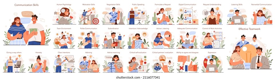Soft skills set. Business people or employees with communication skill. Polite business communication, effective teamwork building. Education for career development. Isolated flat vector illustration