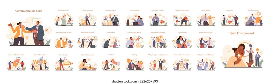 Soft skills set. Business people or employees with communication skill. Polite business communication, effective teamwork building. Education for career development. Isolated flat vector illustration