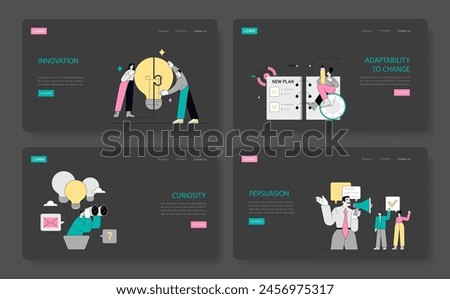 Soft Skills set. Creative professionals demonstrating innovation, adaptability, curiosity, and persuasion. Engaging workplace competencies theme. Vector illustration.