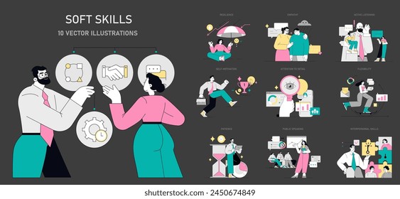 Soft Skills set. Demonstrating resilience, empathy, and flexibility in the workplace. Nurturing patience, public speaking, and interpersonal talents. Vector illustration.