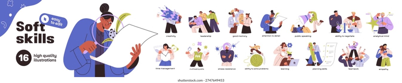 Soft skills set. Different abilities of employees' personality for work: teamwork, learning, empathy, multitasking, public speaking, communication. Flat isolated vector illustrations on white