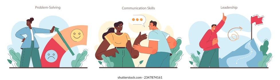 Soft skills set. Employees with communication and effective teamwork building skill. Critical thinking and adaptability. Self-development for career growth. Flat vector illustration