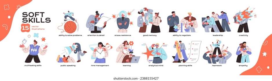 Soft skills set. Employees with corporate abilities: communication, teamwork, time management, multitasking. Workers competencies. HR business. Flat isolated vector illustration on white background