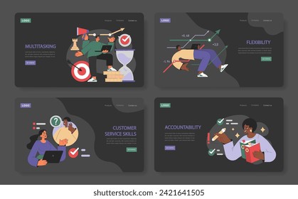 Soft skills set. Engaging web layout presenting multitasking, flexibility, customer service, and accountability.