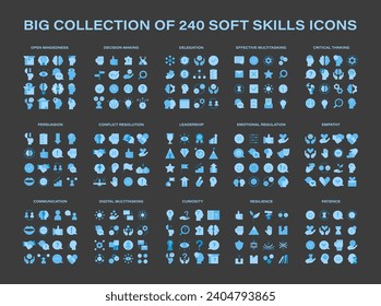 Soft Skills set. Enhance essential interpersonal abilities with icons of critical thinking, leadership, and more. Cultivate professional excellence and personal growth. Flat vector illustration.