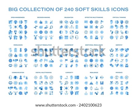 Soft Skills set. Enhance essential interpersonal abilities with icons of critical thinking, leadership, and more. Cultivate professional excellence and personal growth. Flat vector illustration.