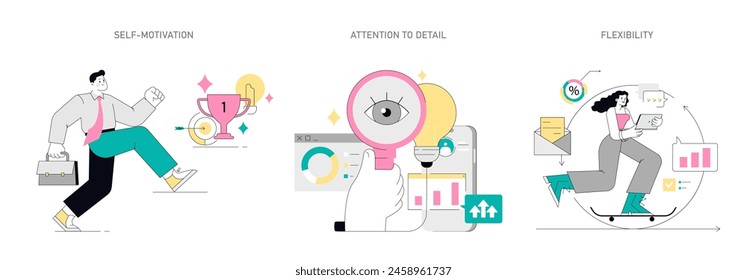 Soft Skills set. Enhancing career with self-motivation, precision, and adaptability. Boosting productivity in the workplace through personal growth. Vector illustration.