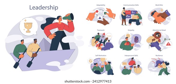 Juego de habilidades suaves. Atributos profesionales esenciales como el trabajo en equipo y la resiliencia. Capacidades interpersonales y de oficina para el éxito.