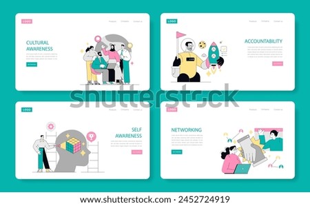 Soft Skills set. Four essential workplace competencies illustrated with metaphorical designs and friendly characters. Vector illustration.