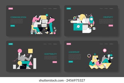 Soft Skills set. Illustrates essential workplace abilities. Communication, creativity, adaptability, and leadership skills visualized. Vector illustration.