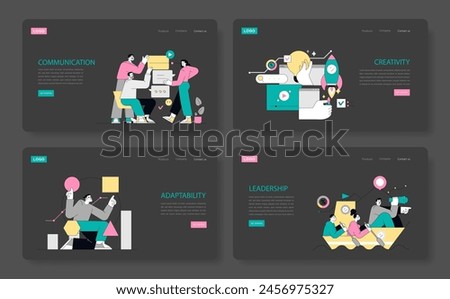 Soft Skills set. Illustrates essential workplace abilities. Communication, creativity, adaptability, and leadership skills visualized. Vector illustration.