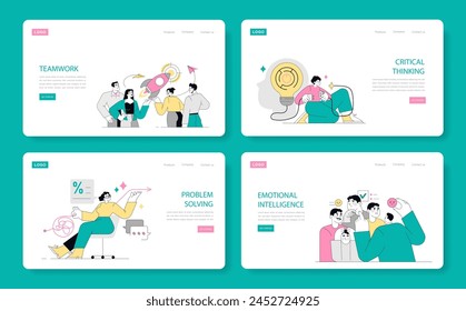 Soft Skills set. Illustrating adaptability, emotional intelligence, and leadership in work environments. Scenes embody dynamic corporate abilities. Vector illustration.