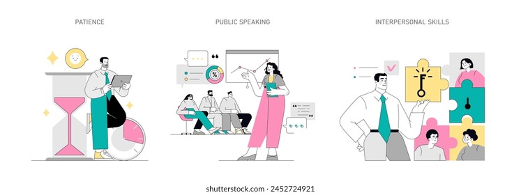 Soft Skills set. Illustration depicting patience, public speaking, and interpersonal skills in professional settings. Professional development themes. Vector illustration.