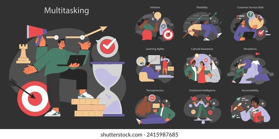 Soft skills set. Illustration of diverse characters displaying teamwork, emotional intelligence, and professional growth. Multitasking man anchors the concept.