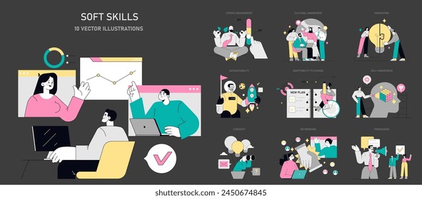 Soft Skills set. Illustration of key interpersonal abilities for professional success. Collaboration, innovation, and emotional intelligence. Vector illustration.