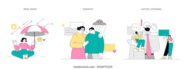 Soft Skills set. Illustration of resilience, empathy, and active listening in a workplace environment. Professional development and emotional intelligence. Vector illustration.