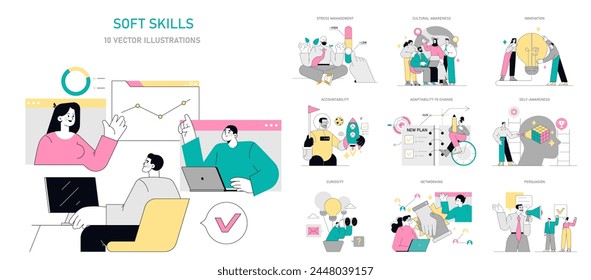 Soft Skills set. Illustrations demonstrating interpersonal abilities like stress management and innovation. Teamwork, emotional intelligence, and adaptability visualized. Vector illustration.