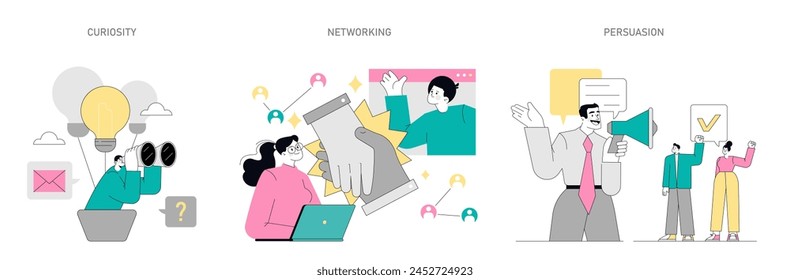 Soft Skills set. Illustrations depicting curiosity, networking, and persuasion in professional scenarios. Enhancing team communication and personal development. Vector illustration.