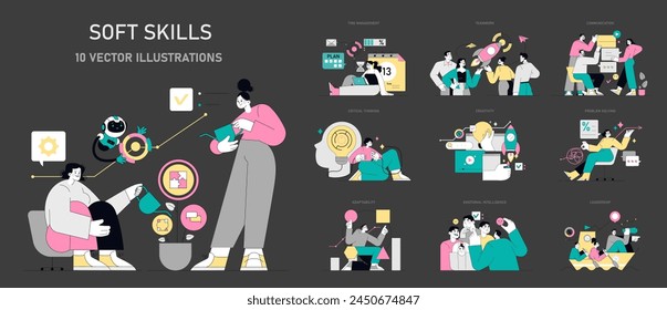 Conjunto de habilidades blandas. Ilustraciones que incorporan el trabajo en equipo, la comunicación y la adaptabilidad. Aprendizaje interactivo y resolución de problemas en entornos profesionales. Ilustración vectorial.