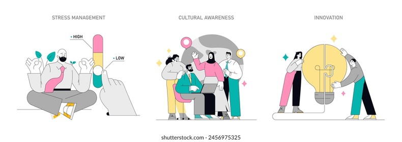 Soft Skills set. Illustrations showcasing stress management, cultural awareness, and innovation. Figures represent critical interpersonal abilities. Vector illustration.