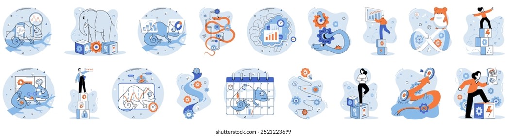 Habilidades suaves. Um conjunto de imagens destaca qualidades essenciais, como trabalho em equipe, tomada de decisão, adaptabilidade e empatia demonstradas através de vários cenários. Ideal para desenvolvimento pessoal, equipe