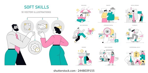 Soft Skills set. Interpersonal abilities showcased through vibrant illustrations. Communication, empathy, teamwork, and adaptability highlighted. Vector illustration.