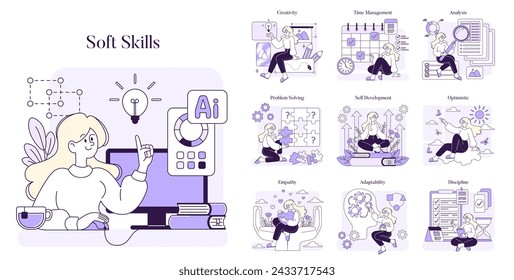 Soft Skills Set. Darstellung wesentlicher zwischenmenschlicher Fähigkeiten. Kommunikation, Teamwork, Kreativität und Problemlösung wurden hervorgehoben. Moderne Arbeitsplatzkompetenzen abgebildet. Vektorgrafik