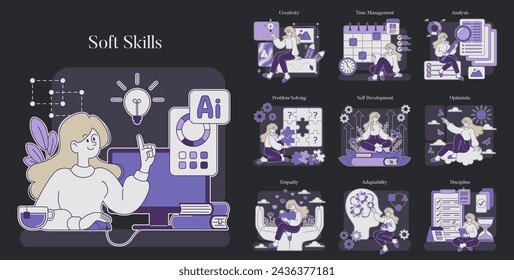 Soft Skills set. Portrayal of essential interpersonal abilities. Communication, teamwork, creativity, and problem-solving highlighted. Modern workplace competencies depicted. Vector illustration