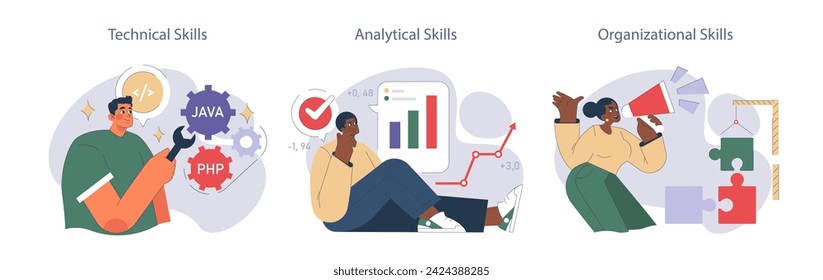 Soft skills set. Professionals in action, demonstrating technical, analytical, and organizational skills. Essential for efficiency and progress.