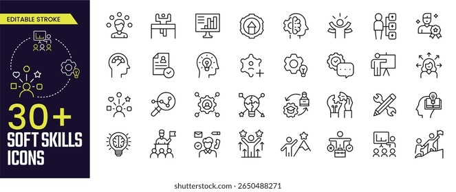Soft Skills Stroke icon collections. Containing Communication,Speaking, Innovation, Motivation, Presentation Skills, Confidence, and Career Growth icons. Editable Stroke icon collection Outline icon