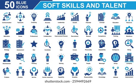 Soft Skills And Talent Icon Set Collection. Containing communication, teamwork, creativity, success, leadership, growth, potential, concept, education, resource, job. Simple Blue Vector Illustration.