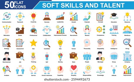 Soft Skills And Talent Icon Set Collection. Containing communication, teamwork, creativity, success, leadership, growth, potential, concept, education, resource, job. Simple Flat Vector Illustration.