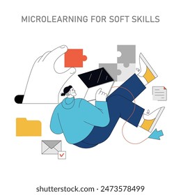 Soft Skills Training concept. Illustration of a person using a tablet, symbolic puzzle pieces and communication icons. Digital learning and interpersonal skill development. Vector illustration.