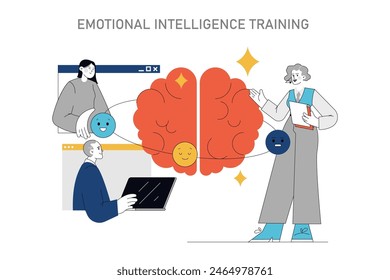 Soft Skills Training concept. Individuals interacting with a brain, symbolizing emotional intelligence growth. Enhancing self-awareness and empathy. Vector illustration.