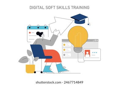 Soft Skills Training concept. Online education for personal growth. Communication, creativity, and problem-solving enhancement. Vector illustration.