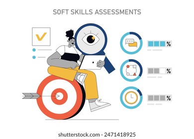 Soft Skills Training concept. A person with a magnifying glass analyzing core competencies. Personal development target and progress charts. Vector illustration.