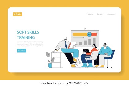 Soft Skills Training concept. Professionals engaging in personal development with interactive tools in a workshop setting. Collaborative learning, communication enhancement. Vector illustration.