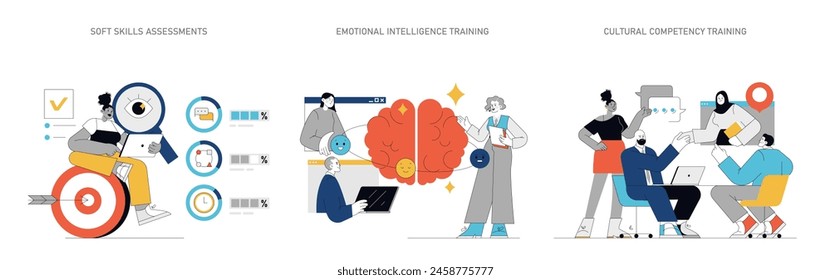 Soft Skills Training set. Assessment, emotional intelligence, and cultural competency development. Personal growth and workplace synergy. Vector illustration.