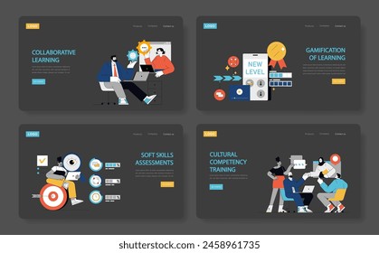 Set de entrenamiento de habilidades blandas. Mejorar el trabajo en equipo, aprender gamificación, evaluar habilidades y desarrollar competencia cultural. Anuncios de Web educativo para el crecimiento profesional. Ilustración vectorial.