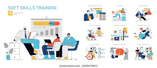 Soft Skills Training set. Enhancing interpersonal abilities via diverse learning methods. Career growth, team collaboration, emotional intelligence. Vector illustration.