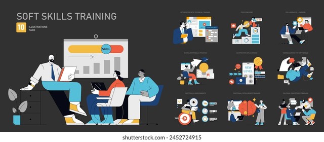 Soft Skills Training set. Enhancing communication, leadership, and teamwork. Educational scenes for professional development. Vector illustration.