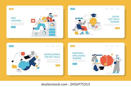 Soft Skills Training set. Online courses for emotional intelligence and microlearning tools. Peer coaching and digital classroom concepts. Vector illustration.