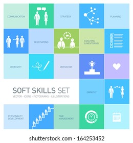 Soft skills vector icons and pictograms set black on colorfulf background