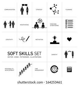 Soft skills vector icons and pictograms set black on white background