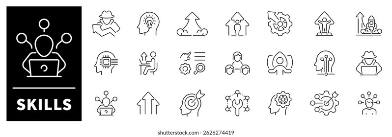 Soft skills vector icons. Soft skills thin line icons collection. Thinking, leadership, connection, awareness, ideas, collaboration, presentation, programming, Soft skills related icons
